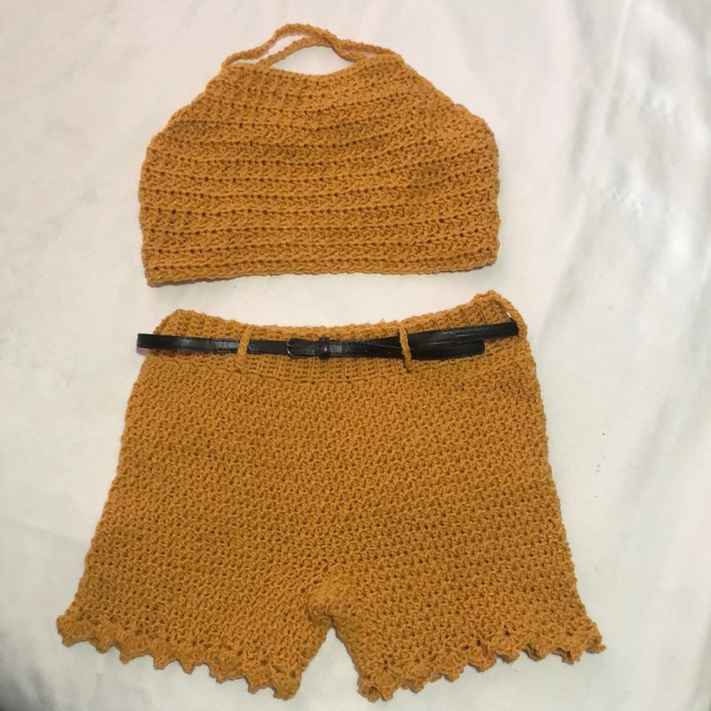 Handmade Crochet Halter Top and Shorts Set - Mustard
